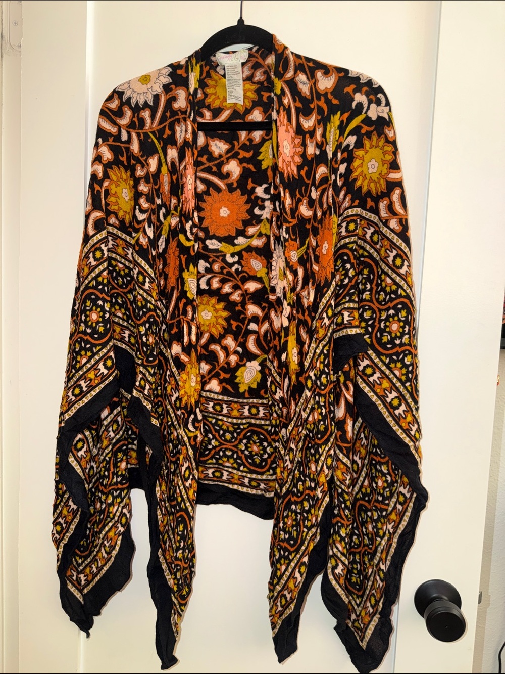 Free People Black Floral Border Kimono with Burnt Orange & Yellow Accents